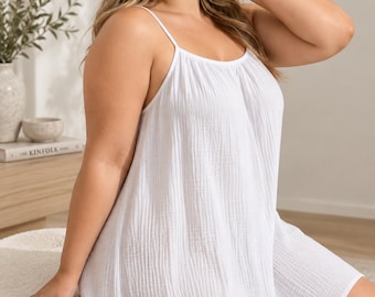 Plus Size Cotton Nightgown, 100% Cotton Sleep Dress, Lightweight Breathable Nightdress, Loose Fit Sleeveless Loungewear