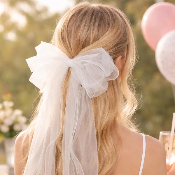 Bridal Bow Veil ,  Sheer Tulle Hair Bow Veil, Short Wedding Veil with Clip | Engagement, Bridal Shower & Bachelorette Hair Accessory