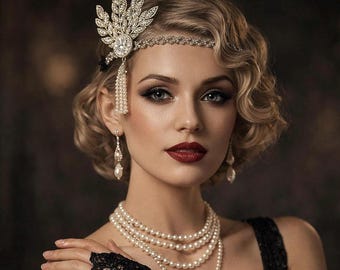 Flapper Jewelry Set 5 Piece,Gatsby Party Accessories, Pearl Necklace, Feather Headpiece, Fringe Earrings, Gloves, Roaring 20s Costume