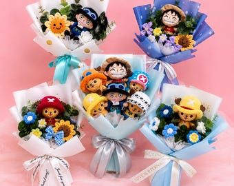 One Piece Luffy Plush Bouquet, Anime Gift, Crochet Flower Bouquet, Birthday Gift for Anime Fan, Otaku Room Decor, Teen gift