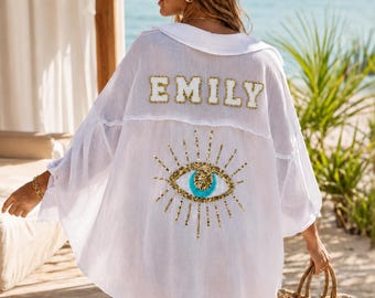 Personalized Soft Bridal Swimsuit Coverup, Bride Cover Up, Custom Honeymoon Outfit, Bride To Be Beach Shirt, Bachelorette Pool Party Outfit