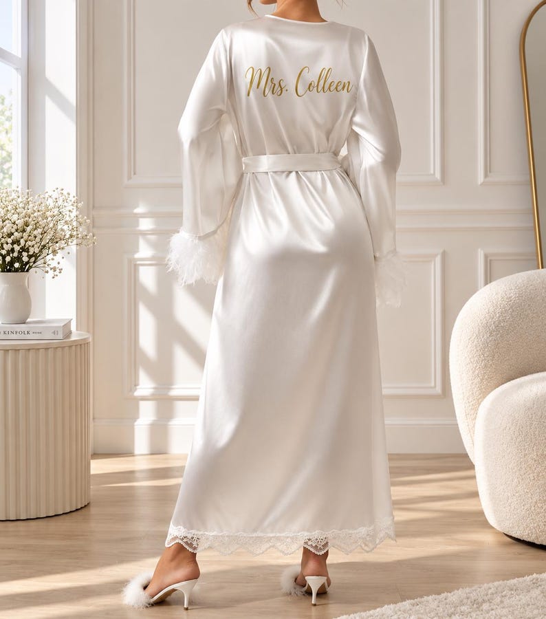 Feathery Robe White Bridal Satin Robe With Feather Cuffs, Long Bride Morning Robe ...