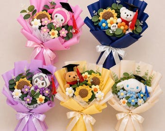 Graduation Plush Bouquet, Crochet Flower Bouquet, Graduation Gift, Cute Character Bouquet, Gift for Graduate, Unique Graduation Flowers
