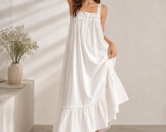 Personalised 100% Cotton White Nightgown for Women, Long Cotton Sleep Dress, Lightweight Summer Nightdress, Loose Fit Sleeveless Pajama