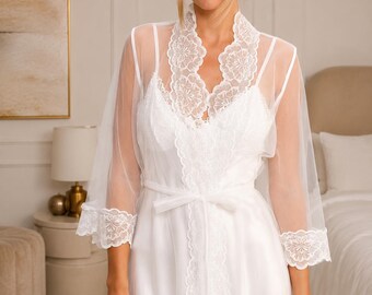 White Lace Bridal Robe & Satin Nightgown Set, Sheer Lace Robe, Bride Getting Ready Outfit, Wedding Lingerie, Honeymoon Sleepwear Gift