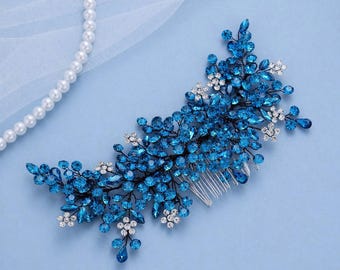 Blue Crystal Hair Comb, Rhinestone Hair Piece, Elegant Hair Accessory, Prom Hair Comb, Evening Hair Jewelry, Gift for Her