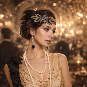 May include: A black beaded hair accessory with a floral pattern, long dangling earrings with black rectangular stones, and a double-strand white pearl necklace worn with a gold-toned sleeveless dress featuring intricate beadwork.