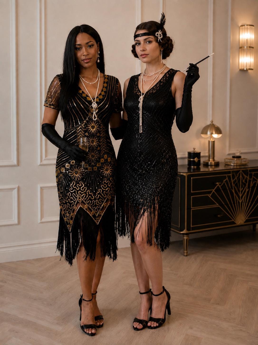 great gatsby black dress and Gold Scarf:With Scarf in Dress Color Hand wash is recommended holiday2021 Nanette Lepore Black Sleeveless