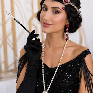 Flapper Jewelry Set 5 Piece, Red Gatsby Party Accessories,  Pearl Necklace, Feather Headpiece, Fringe Earrings, Gloves, Roaring 20s Costume