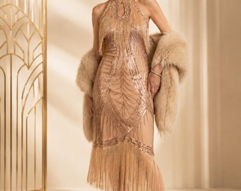 1920s Flapper Dress, Champagne Gatsby Sequin Fringe Dress, Art Deco Party Dress, Vintage Inspired Cocktail Dress, Great Gatsby Wedding Guest