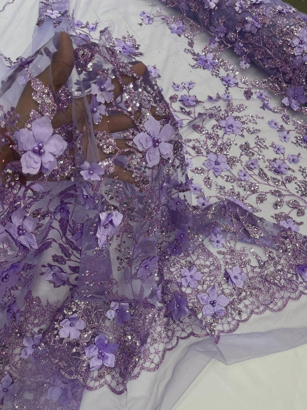 Lilac 3D Flower Sequin Fabric, Glitter Floral Mesh, Wedding Dress by ...