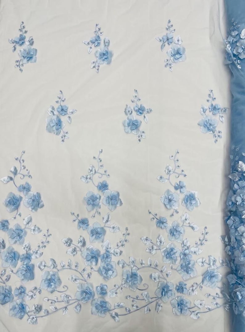 Baby Blue 3D Floral Lace Fabric With Pearls - Orquidia Design by the ...