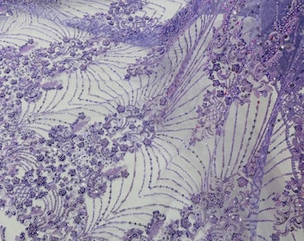 Lilac Luxury Geometric Design Beads and Sequins, Beaded Fabric Embroidered on a Mesh Lace By The Yard
