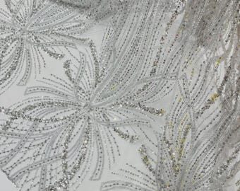 Silber Perlen Spitzen Stoff: Gesticktes Netzgewebe, Brautkleid, Hochzeitskleid - lose Lagerware