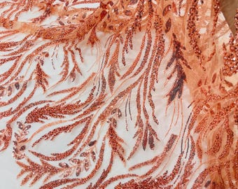 Lt Orange Beaded Lace Fabric: Embroidered Leaf Pattern By The Yard