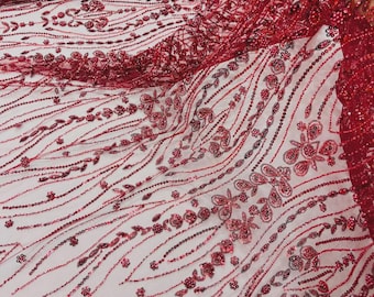 Burgundy Beaded Lace Fabric: Embroidered Mesh, Bridal Wedding Dress - By The Yard