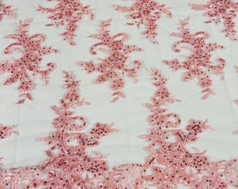 Rosa Florale Spitze Stoff: Gestickte Pailletten Mesh, Gekordelte Stoff Meterware