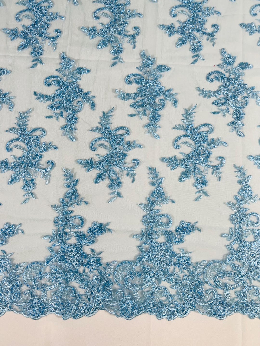 Blue Floral Lace Fabric: Embroidered Sequins Mesh, Corded Fabric by the ...
