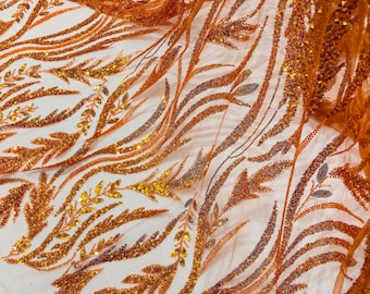 Burnt Orange Beaded Lace Fabric: Embroidered Leaf Pattern By The Yard