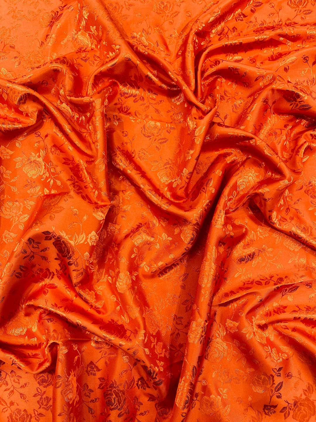Rust Orange Color Cloth Rust Orange Floral Brocade Jacquard Satin Fabric - 58/60