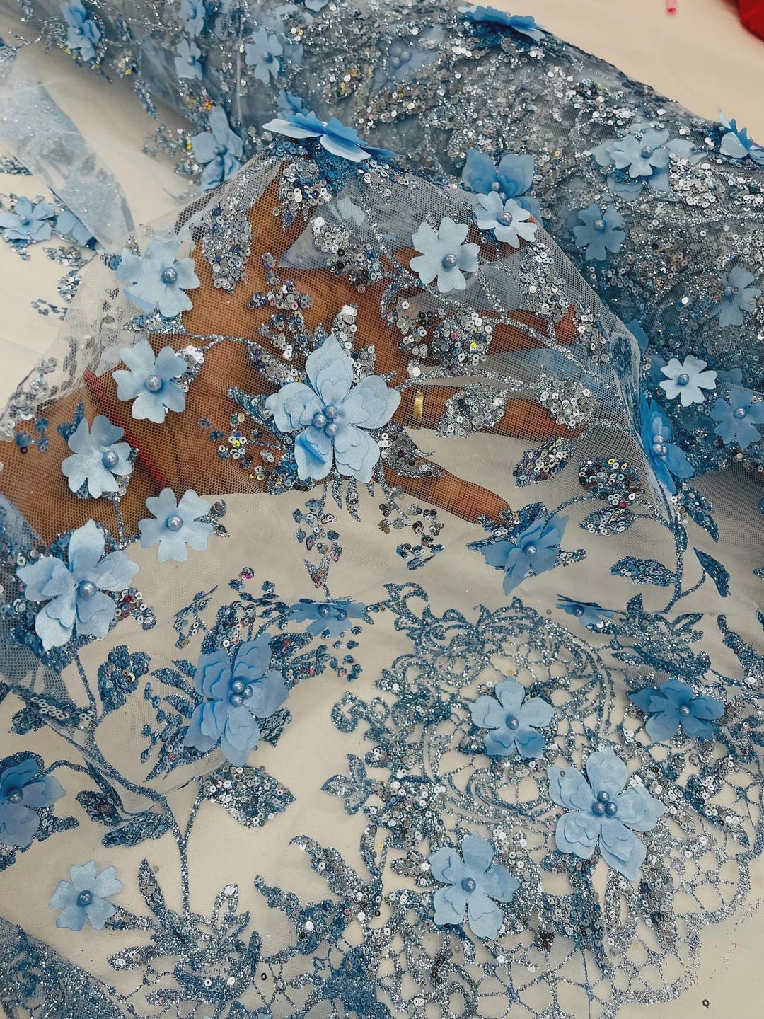 Baby Blue 3D Flower Sequin Fabric, Glitter Floral Mesh, Wedding Dress ...