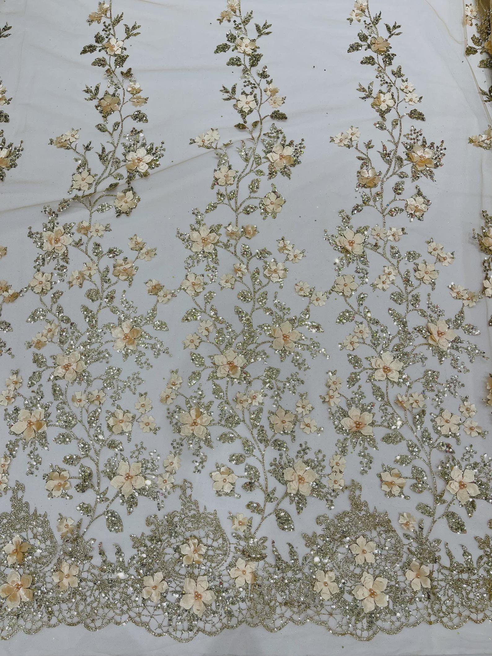 Gold 3D Flower Sequin Fabric, Glitter Floral Mesh, Wedding Dress by the ...