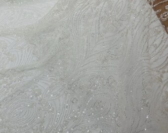 Ivory Beaded Lace Fabric: Embroidered Mesh, Bridal Wedding Dress - By The Yard