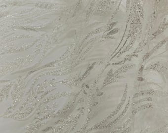 Ivory Clear Beaded Lace Fabric: Embroidered Leaf Pattern By The Yard