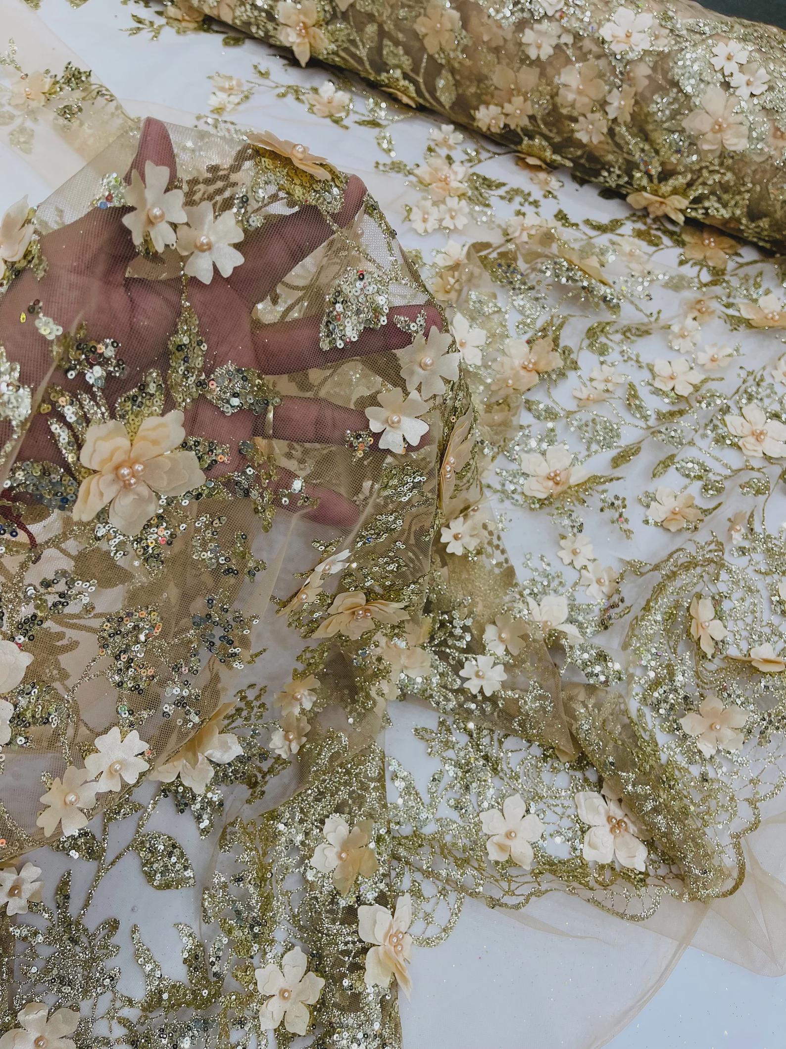 Gold 3D Flower Sequin Fabric, Glitter Floral Mesh, Wedding Dress by the ...