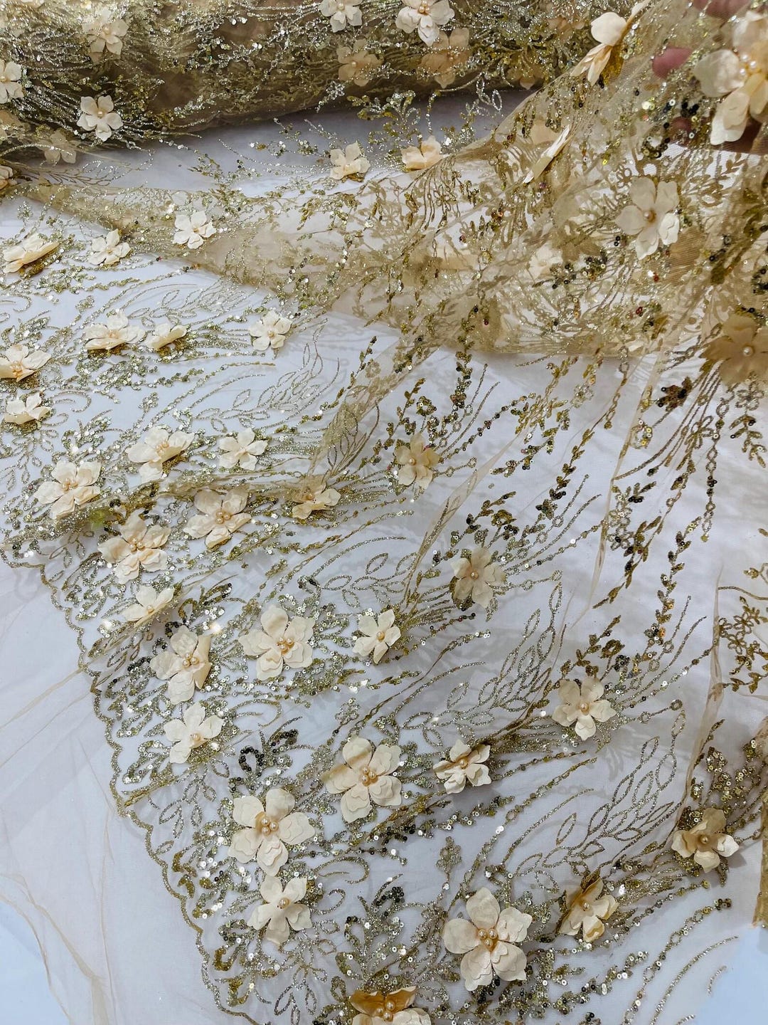 Champagne 3D Flower Sequin Fabric by Yard, Glitter Floral Lace, Wedding ...