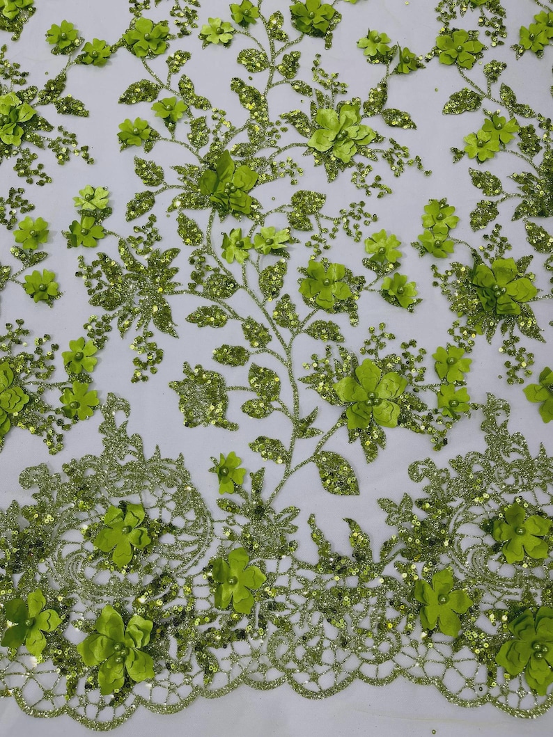 Lime Green 3D Flower Sequin Fabric, Glitter Floral Mesh, Wedding Dress ...