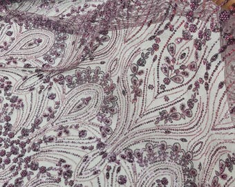 Dark Plum Beaded Lace Fabric: Embroidered Mesh, Bridal Wedding Dress - By The Yard