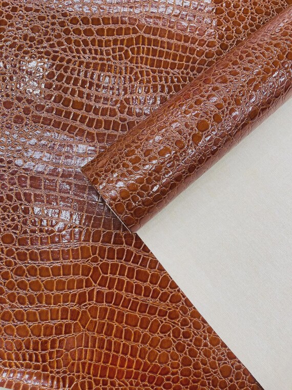 Dark Cognac Crocodile Embossed Vinyl Fabric: Faux Leather Upholstery - 54" Wide By The Yard