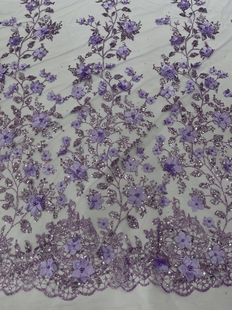 Lilac 3D Flower Sequin Fabric, Glitter Floral Mesh, Wedding Dress by ...