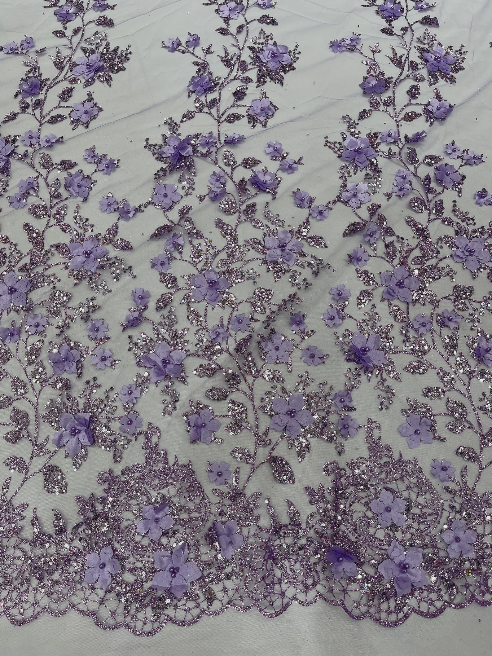 Lilac 3D Flower Sequin Fabric, Glitter Floral Mesh, Wedding Dress by ...