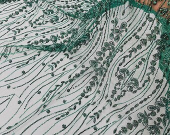 Hunter Green Beaded Lace Fabric: Embroidered Mesh, Bridal Wedding Dress - By The Yard
