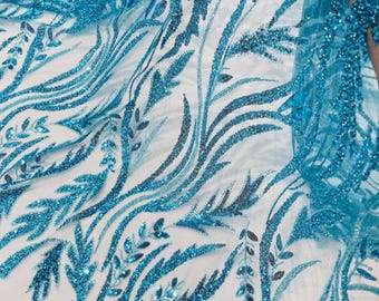 Turquoise Beaded Lace Fabric: Embroidered Leaf Pattern By The Yard