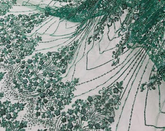 Hunter Green Luxury Geometric Design Beads and Sequins, Beaded Fabric Embroidered on a Mesh Lace By The Yard