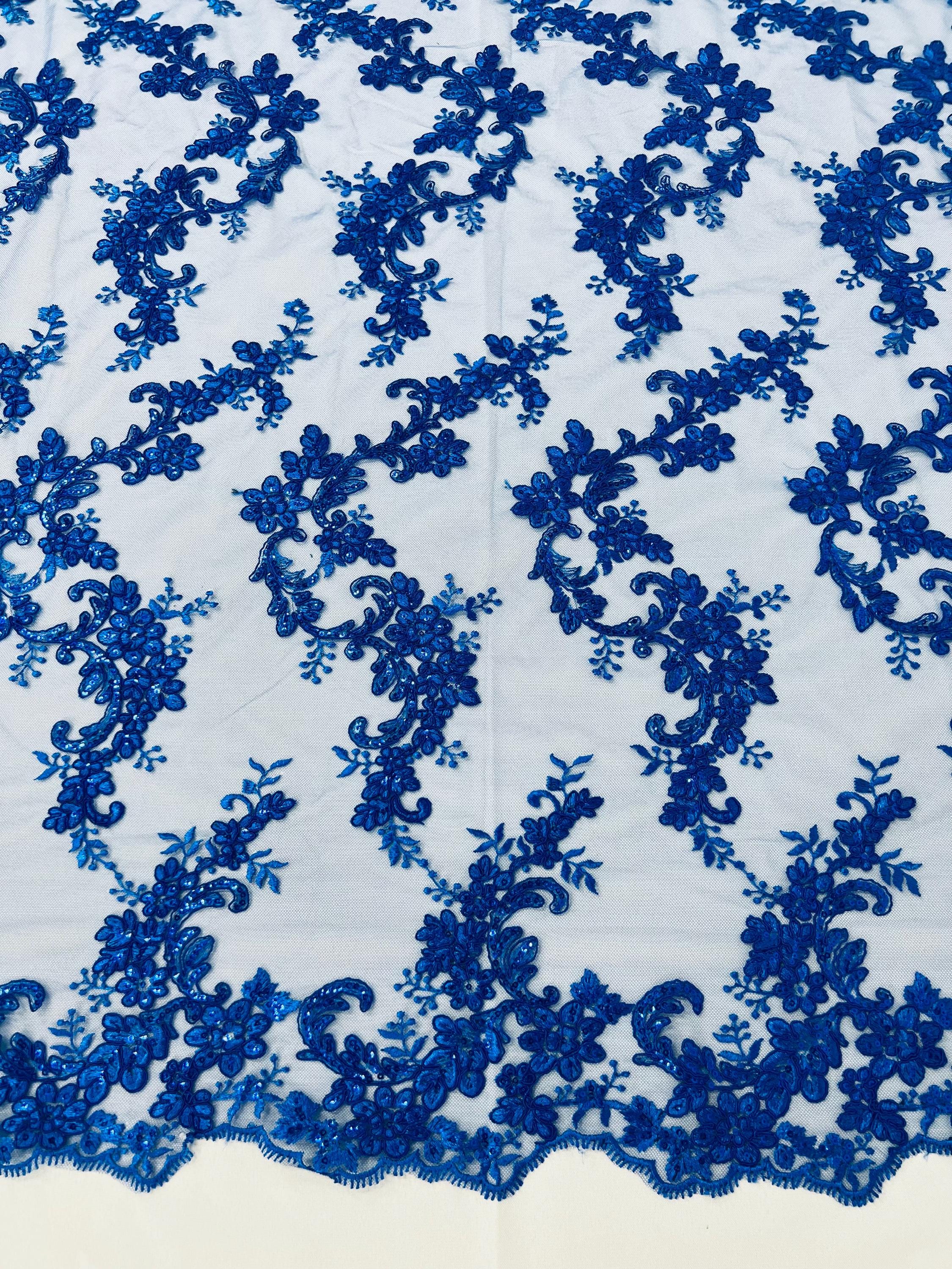 Royal Blue Floral Lace Fabric: Embroidered Sequins Mesh, Corded Fabric ...