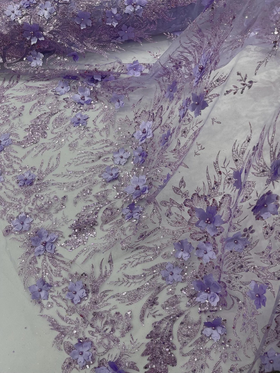 Lilac Glitter Floral Mesh, Glitter 3D Flower Sequin Fabric by the Yard ...