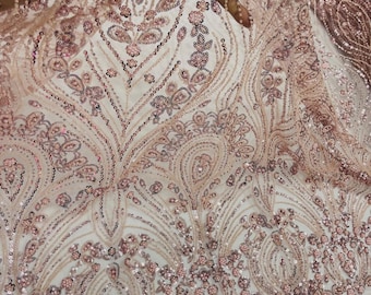 Blush Beaded Lace Fabric: Embroidered Mesh, Bridal Wedding Dress - By The Yard