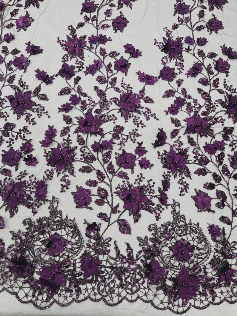 Plum 3D Flower Sequin Fabric, Glitter Floral Mesh, Wedding Dress by the ...