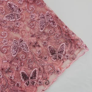 Dusty Rose Butterfly Embroidered Lace Fabric with Metallic Thread & Sequins by the yard