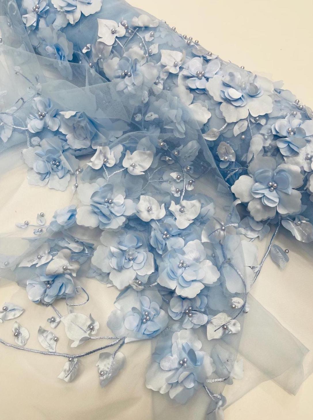 Baby Blue 3D Floral Lace Fabric With Pearls - Orquidia Design by the ...