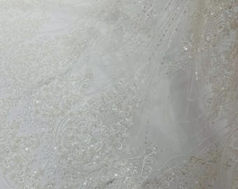 Off White Luxury Geometric Design Beads and Sequins, Beaded Fabric Embroidered on a Mesh Lace By The Yard