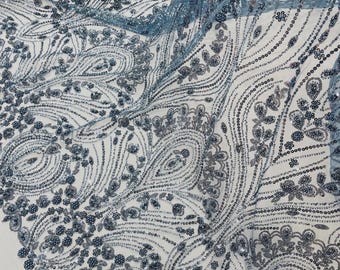 Smoke Blue Beaded Lace Fabric: Embroidered Mesh, Bridal Wedding Dress - By The Yard