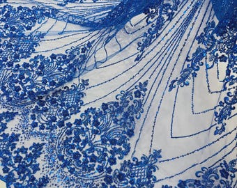 Royal Blue Luxury Geometric Design Beads and Sequins, Beaded Fabric Embroidered on a Mesh Lace By The Yard