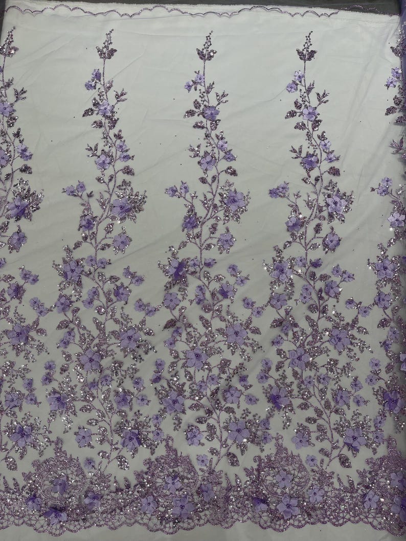 Lilac 3D Flower Sequin Fabric, Glitter Floral Mesh, Wedding Dress by ...