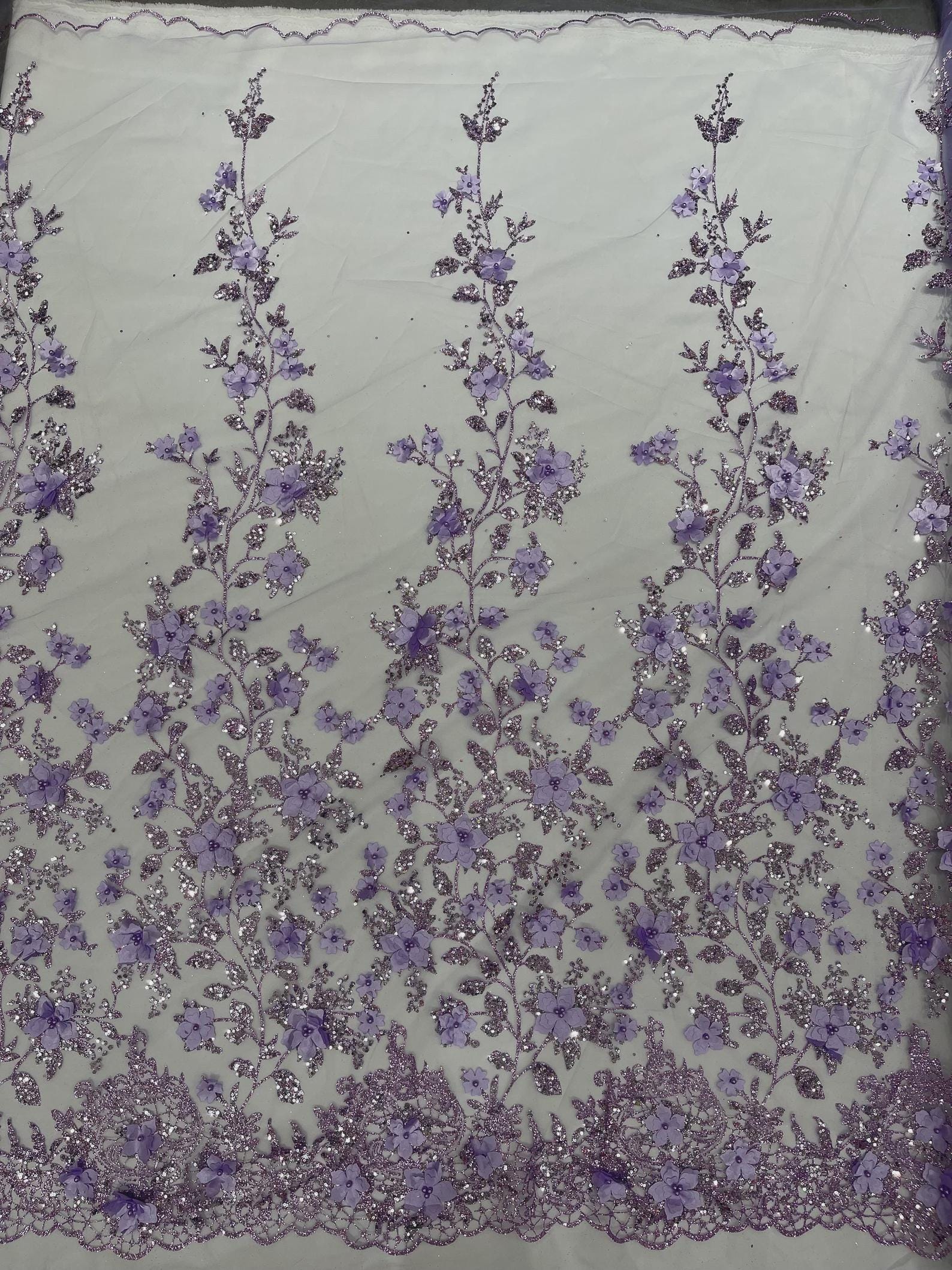 Lilac 3D Flower Sequin Fabric, Glitter Floral Mesh, Wedding Dress by ...