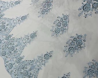 Baby Blue Beaded Floral Lace Fabric, JP Design, Bridal Embroidery By The Yard